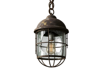 Antique hanging lantern with glass and metal details isolated on transparent background