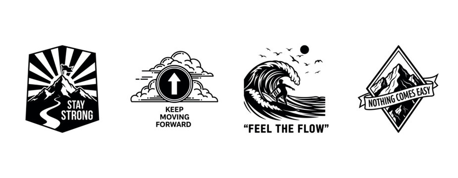 Motivational badges with symbols: mountains, arrows, waves, banners - Powered by Adobe