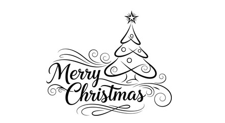 Black and white elegant Merry Christmas typography with a stylized Christmas tree and decorative swirls, perfect for holiday greetings and festive designs.