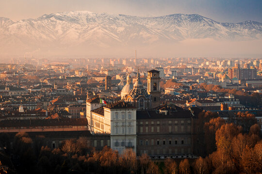 Turin Landscape view from the top of the Mole Antonelliana. The Royal Palace and the Guarini Holy Shroud Chapel.