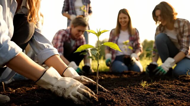 Planting tree sapling with volunteer team. Volunteer hand digs soil around seedling. Person nurtures young tree for conservation. Outdoor group effort for green future. Volunteer teach planting tip.