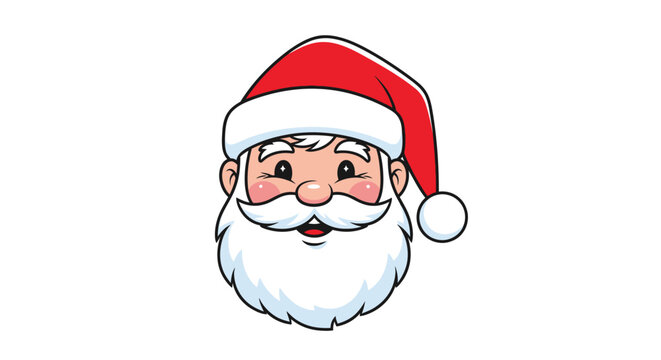Cheerful cartoon illustration of Santa Claus's head with a big white beard and a red hat.