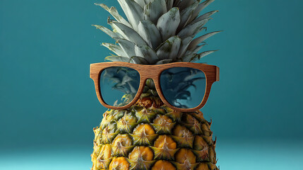 Pineapple wearing wooden sunglasses against teal background fruit eyewear