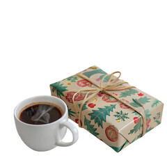Morning Coffee & Wrapped Present: Festive Holiday Brew and Gift on transparent background