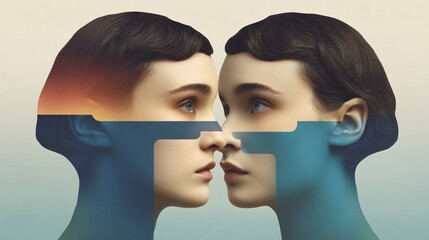 composition featuring a Gen X woman’s profile merged with broken glass texture, expressing stress, confusion, and inner struggle, minimalist layout with gradient background and open copy area. 