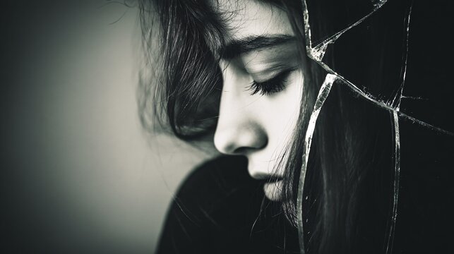 composition featuring a Gen X woman’s profile merged with broken glass texture, expressing stress, confusion, and inner struggle, minimalist layout with gradient background and open copy area. 