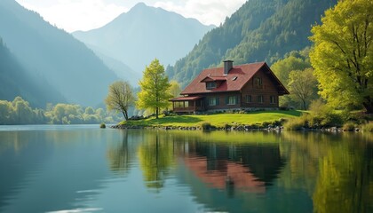 Fototapeta premium Wooden cabin by tranquil lake mountain backdrop. Rich green spring trees reflected on water surface. Peaceful rural landscape offers serene remote getaway.