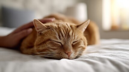 Orange tabby cat with eyes closed, enjoying a gentle human hand stroking its fur as it rests peacefully on a soft white bed, cozy and contented in a quiet moment