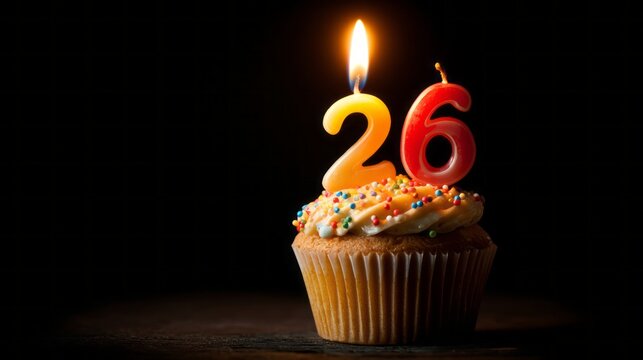 Birthday cupcake with lit candle showing number 26 celebrating 26th birthday or 26th anniversary, festive sweet treat with glowing flame for party, celebration, and special milestone event