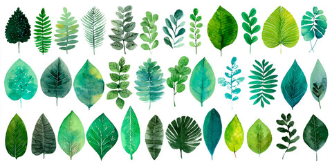 Watercolor botanical leaves collection displaying various green foliage designs