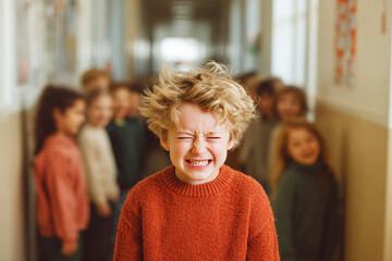 Boy cries in school hallway while other children laugh and show aggression