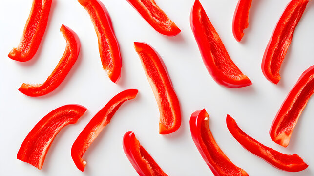 Vibrant red bell pepper slices arranged artistically on a clean white background for culinary use