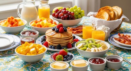 Colorful Breakfast Table with Fruits and Pancakes 