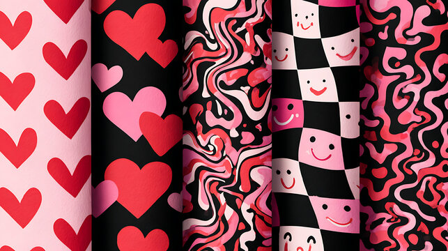 Pink red hearts wavy patterns smiling faces checkerboard black - Powered by Adobe