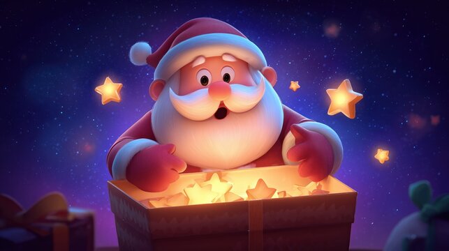 "Santa Claus Opening a Box of Glowing Stars Against a Night Sky Background for Christmas Decorations"