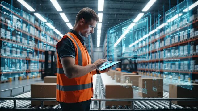 Man holds tablet. Uses tablet to inspect box on conveyor. Warehouse racks line broad aisle. Box moves along conveyor as man checks label and status. Worker confirms on device. Conveyor carries boxes.