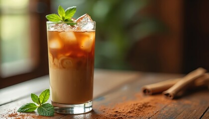 Cold iced coffee drink with ice cubes, fresh mint leaves, and cinnamon sticks on wooden table. Refreshing beverage perfect for hot summer days in cafe or at home.