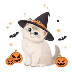 Spooky Halloween Kitten in Witch Hat with Jack-o'-Lanterns on transparent background