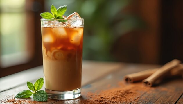 Cold iced coffee drink with ice cubes, fresh mint leaves, and cinnamon sticks on wooden table. Refreshing beverage perfect for hot summer days in cafe or at home.