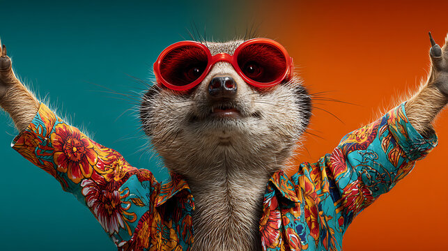 Playful meerkat wearing sunglasses and floral shirt arms raised animal