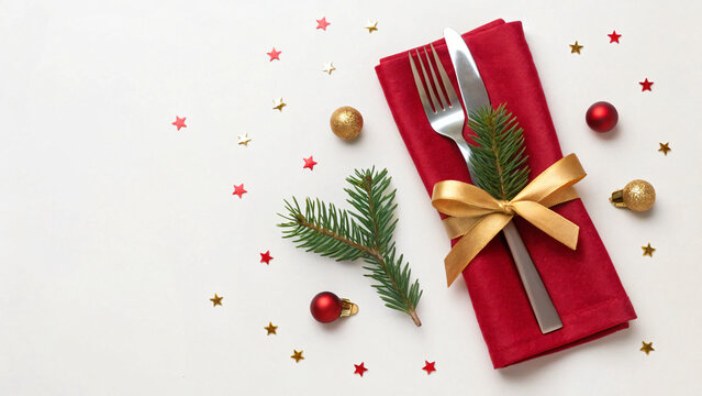 Festive Christmas table setting creates warm holiday memories with red napkin, gold ribbon, ornaments, and evergreen sprig
