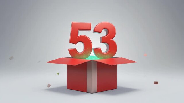Nicely wrapped gift box popping open, the number 53 appears. Video for birthday or anniversary party