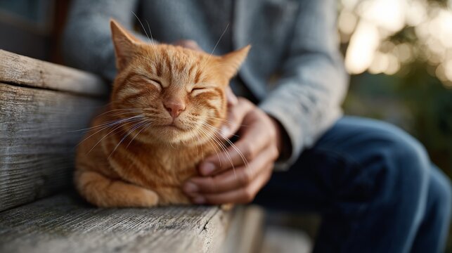 Ginger cat closing its eyes in contentment while a person gently strokes its head and back, finding joy and relaxation on rustic wooden steps outdoors - Powered by Adobe