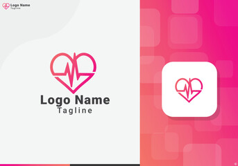Heathcare logo design vector with love and heartbeat in an isolated white background. Creative heartbeat logo design template. Heartbeat wave minimal hospital logo design with pink gradient color. 