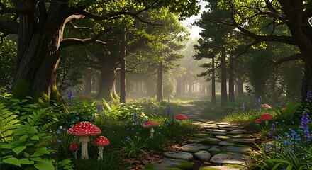 Lush woodland scene with a mysterious stone path, towering trees, and dramatic sun rays filtering through the canopy.