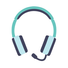 Illustration of blue and white headphones with microphone.