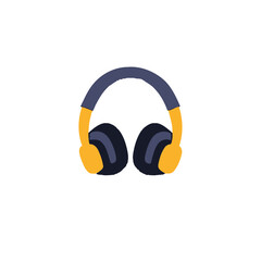 Illustration of headphones with yellow earcups and a dark blue headband.