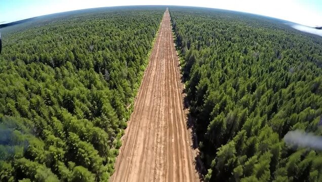 Aerial view of a long, straight cleared path through a dense forest, creating a stark contrast between the cleared land and the surrounding trees.