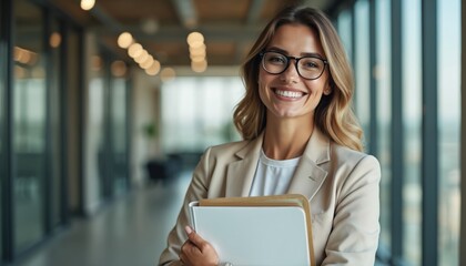 Young smiling woman in glasses holding folder walks down modern office hallway. She wears a beige blazer and white shirt. Business pro looks confident and ready for a meeting or planning session.