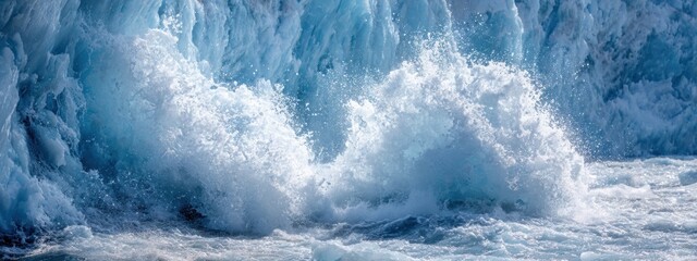 Majestic ocean waves crashing against rocky shores in bright daylight with a clear blue sky
