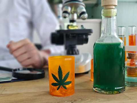Chemistry experiment in a laboratory with cannabis extracts and colorful liquids during a research session concept