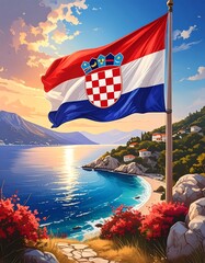 Croatian Flag Waving Proudly Overlooking the Adriatic Coastline at Sunset.