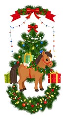 Festive Christmas Horse with Garland and Presents Illustration.