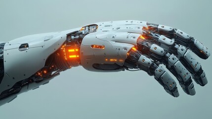 A detailed rendering of a futuristic mechanical arm with glowing orange internal components