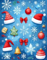 Festive Christmas Holiday Background with Ornaments and Snowflakes.