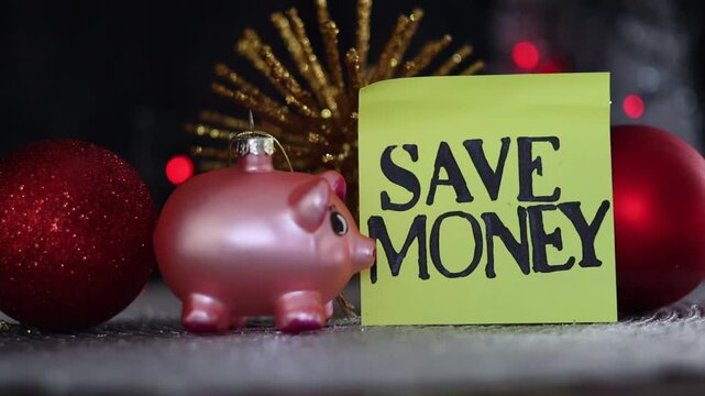 Una toma de cerca de varios adornos navide&ntilde;os y un cerdo de color rosado rodeados de luces de colores con una nota ahorra dinero pero celebra la navidad feliz