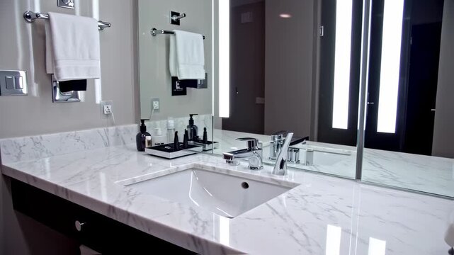 Modern bathroom with marble countertop, sink, mirror, towels, and minimalist accessories