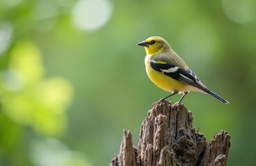 Small yellow bird with black markings rests on a rough wood stump. It looks back towards the camera, its feathers ruffled slightly. Soft green foliage blurs behind it, creating a natural backdrop.