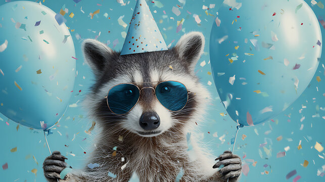 Raccoon wearing party hat and sunglasses holding balloons confetti