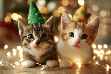 Playful kittens wearing festive hats, surrounded by twinkling fairy lights, soft focus background, warm and cheerful holiday mood