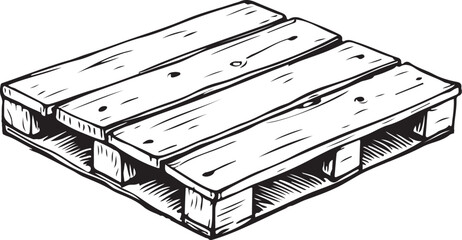 Pallets for Boxes Storage in Warehouse, Trade Import Export Hand-drawn Sketch Drawing Vector Illustration, Line Linear Symbol Engraving Coloring Book, Black and White Isolated