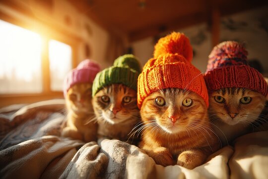 Adorable cats in colorful winter hats, lounging on a cozy blanket, natural light streaming through a window, inviting and joyful atmosphere