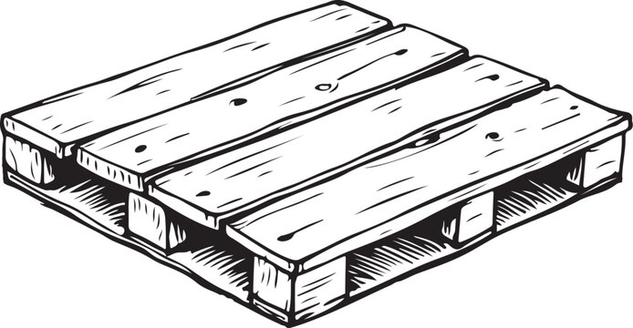 Pallets for Boxes Storage in Warehouse, Trade Import Export Hand-drawn Sketch Drawing Vector Illustration, Line Linear Symbol Engraving Coloring Book, Black and White Isolated