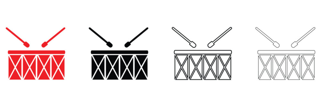 drum and drumsticks vector icon set, musical instrument drum vector, silhouette and line art