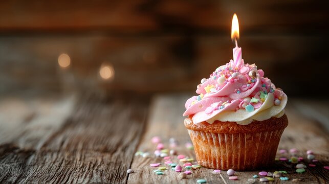 Colorful birthday cupcake with lit candle surrounded by sprinkles and confetti, perfect for party invitations, celebration announcements, and social media graphics