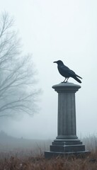 Fototapeta premium A lone black crow perches on a stone column amidst a dense, foggy winter landscape. Bare tree branches loom in the background, creating an atmospheric and mysterious scene.